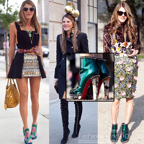 1. Anna Dello Russo; 主編, 日本 Vogue<br>
標(biāo)志造型: 從上到下都是大牌，穿著風(fēng)格也類似秀場上的模特，大號(hào)配飾、水晶和閃亮元素多余普通的珠寶，特別是增添了一頂金蘋果帽，她的裝扮可謂是非常有趣。 <br>
 