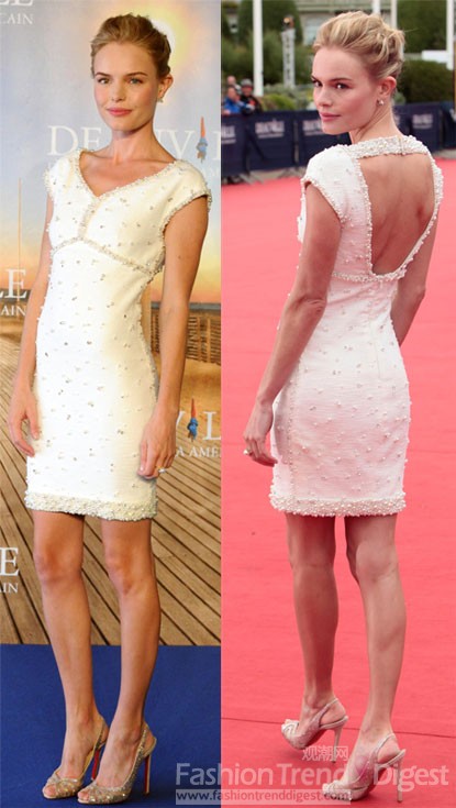 5. 這件白色露背小禮服完美地凸顯出凱特•波茨沃斯 (Kate Bosworth) 的細(xì)腰，這件珍珠色調(diào)的裙子來自Chanel Resort 2012 ，只需要搭配一雙簡單的christian Louboutin高跟鞋和JewelMint 簡單耳釘足以。 