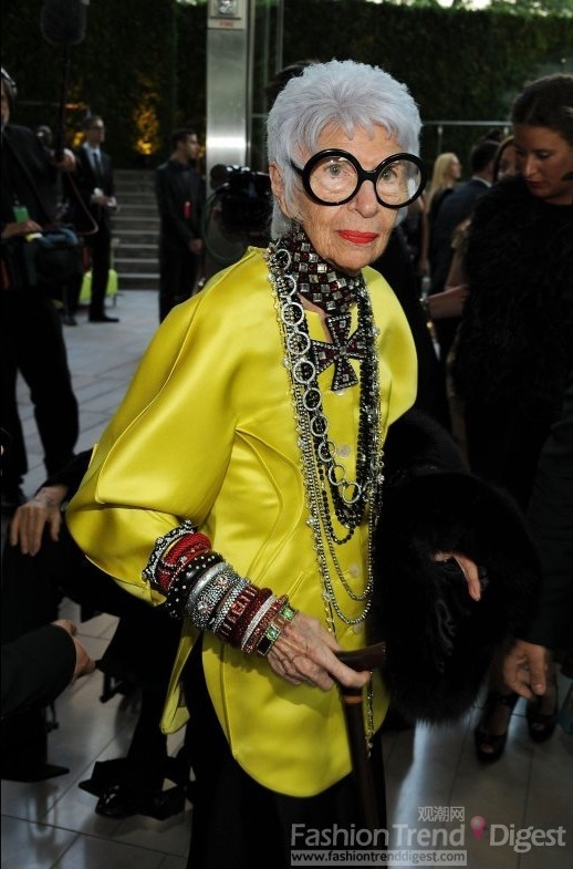 3. 艾瑞斯•阿普菲尔 (Iris Apfel)<br>
90岁的艾瑞斯•阿普菲尔 (Iris Apfel)是来自纽约的时尚偶像、知名时装收藏家。Iris Apfel的Vintage时装收藏已足够让人赞叹得说不出话来，特别是她的纽约公寓的设计灵感就来自2005年的大都会艺术博物馆的展览。<br>
 