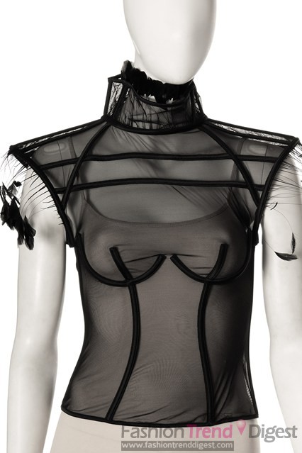 7. 布蘭妮（Britney Spears）的La Perla胸衣<br>
由羽毛裝飾的肩部，2008年德國舉辦的Bambi頒獎紅毯上，舞臺上表演的布蘭妮（Britney Spears）就是穿著的這件純粹的黑色La Perla緊身胸衣。<br>
<br>
估價: £1,000-£1,500<br>
