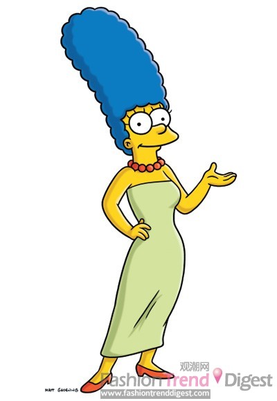 5. Marge Simpson, 《辛普森一家》<br>
这是一个卡通版的家庭主妇，自从1989年，Marge Simpson（Julie Kavner配音）就以最摇滚的造型出现，露肩的绿色礼服搭配红色高跟鞋和红色串珠项链，尤其是她那顶蓝色蜂窝头确实非常有趣。<br>
