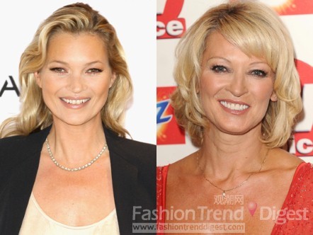 2. 凯特莫斯（Kate Moss）和Gillian Taylforth<br>
相似之处：五官都属于典型的英国面孔，削瘦脸型与干练英伦混搭风。<br>
 