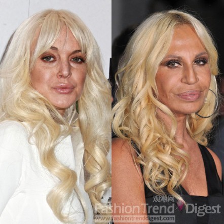 3. 林赛罗韩（Lindsay Lohan）和多娜泰拉•范思哲Donatella Versace<br>
相似之处：两人都喜欢金发，眼睛和嘴巴的大小都一样，就像是亲姐妹一样。<br>
 