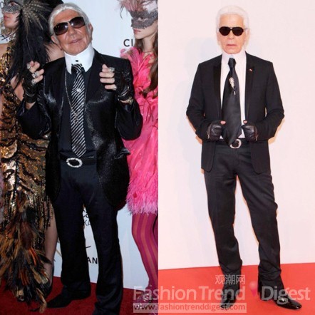 8. 意大利著名设计师Roberto Cavalli 和时尚界教父老佛爷Karl Lagerfeld<br>
相似之处：华丽巴黎复古宫廷式的西服套装，领结袖扣的经典细节一个都不能少！<br>
 