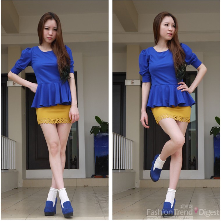 9. 蓝色与芥末黄的搭配的撞色十分惹眼，同时迷你裙的长度刚好秀出了完美的腿型，短袜与高跟鞋的组合也配合得恰当好处。