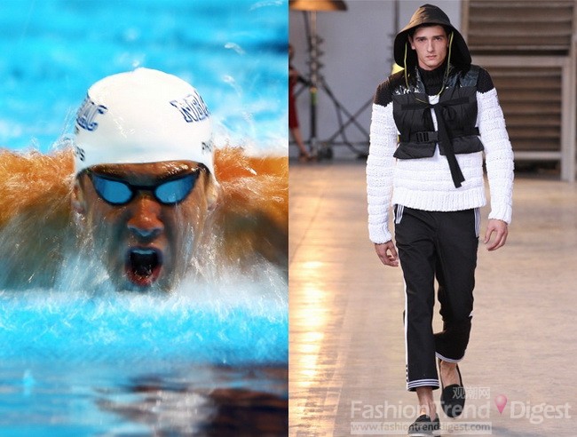 2. Moncler的这款造型灵感来自游泳选手 Michael Phelps在比赛中的造型，白色游泳帽、蓝色游泳眼镜和碧蓝的池水，设计师在男士的白色毛衣上增添了黑色护胸设计，肩领附近采用的黑色毛线相拼接，下身搭配黑色白条纹运动长裤，在急剧寒冷的冰山里也能感觉丝丝暖意。